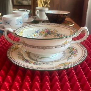 MINTONS ANTIQUE TWO HANDLE SOUP DISH/ TEACUP AND SAUCER